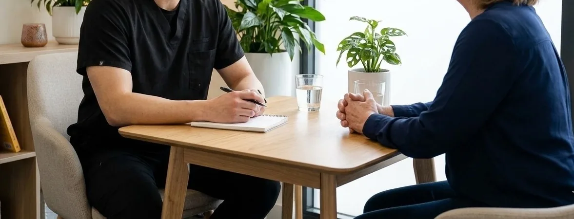 Deux personnes assises à une table pendant une consultation